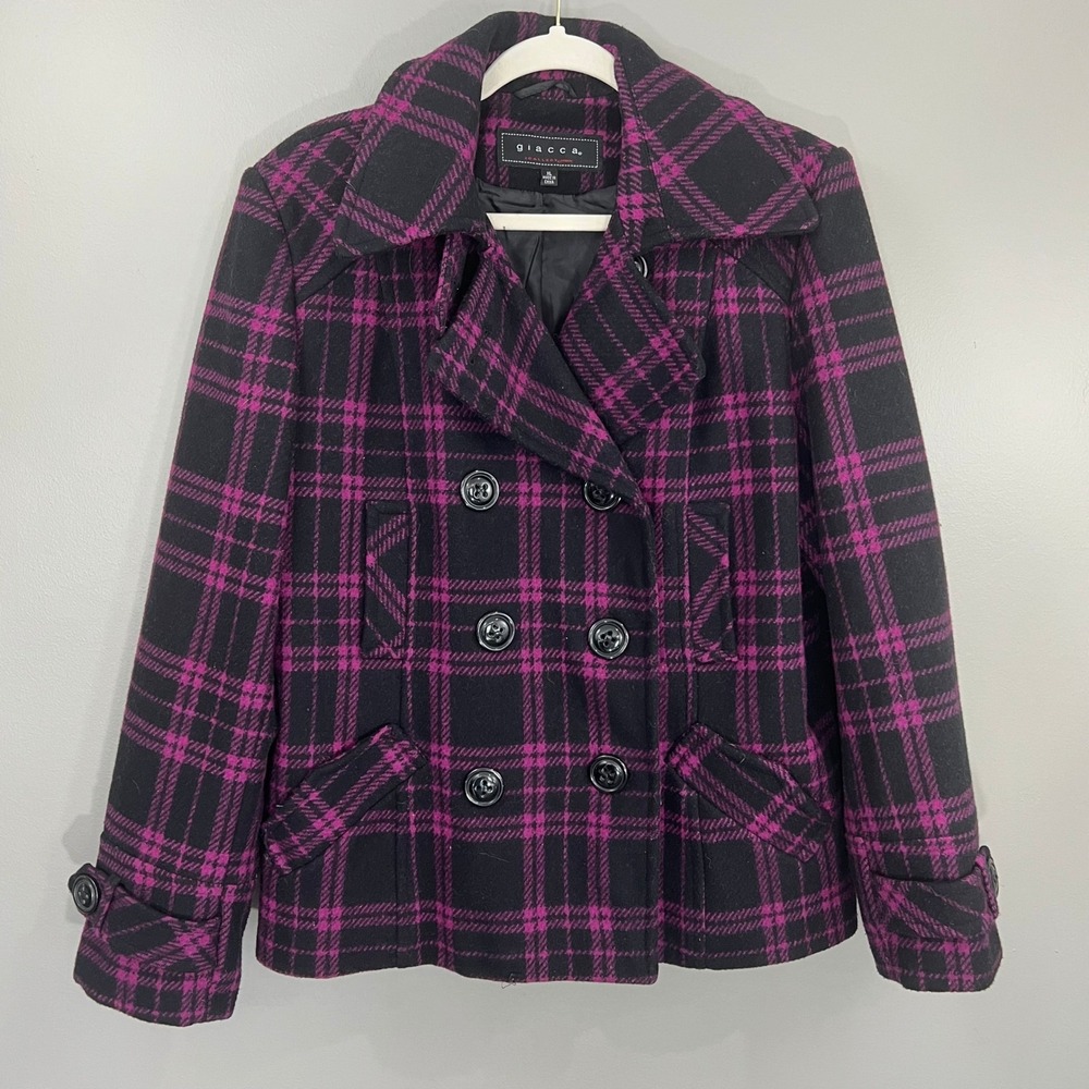 Giacca Pea Coat Women XL Purple Black Plaid Good Double Breasted Wool Blend